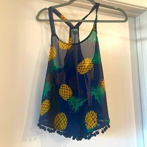 Ocean Drive Pineapple Sheer Pom Pom Trim Tank Top - Size Medium